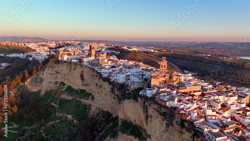 4k Aerial shot of Arcos de la Frontera, Andalucia at sunset