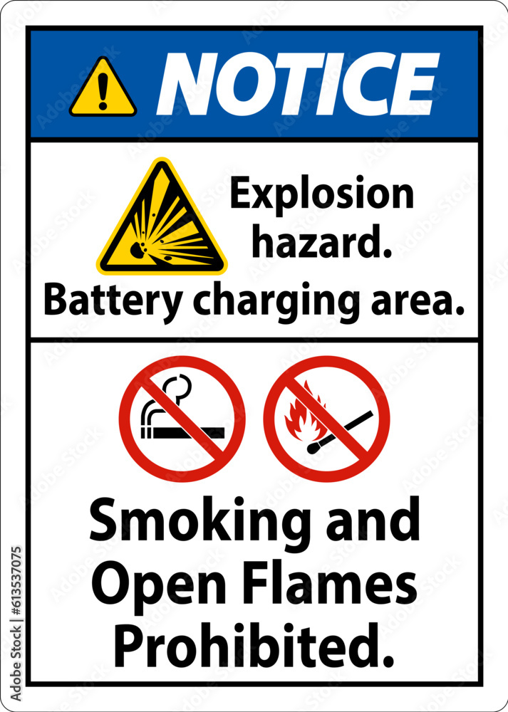 Notice Sign Explosion Hazard, Battery Charging Area, Smoking And Open Flames Prohibited