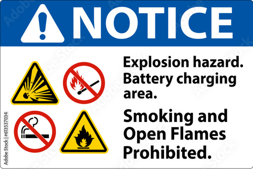 Notice Sign Explosion Hazard, Battery Charging Area, Smoking And Open Flames Prohibited