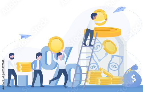 The concept of saving money, financial fund, bank deposit, investment income, accumulation. Man putting coin into piggy bank or bottle jar. Flat vector design illustration with copy space.