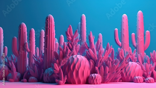 Trendy tropical neon cactus plant on pink. Generative Ai