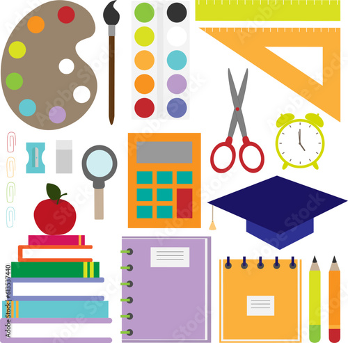 Vector illustration of back to school stationery in cartoon style. Colourful school tools