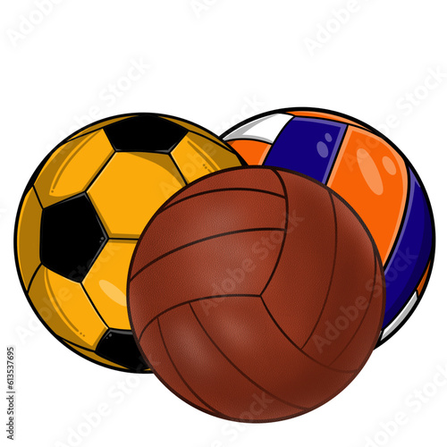Illustration of a set of sports balls including volleyball, basketball, and soccer ball. 