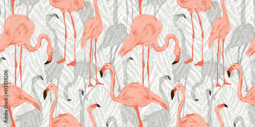 Fototapeta Naklejka Na Ścianę i Meble -  Seamless hand painted pink flamingos and abstract tropical palm leaf foliage repeat pattern. Artistic exotic jungle paradise vacation vibes mural wallpaper. Calming whimsical birds nature background.