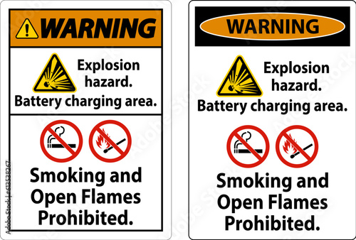 Warning Sign Explosion Hazard, Battery Charging Area, Smoking And Open Flames Prohibited