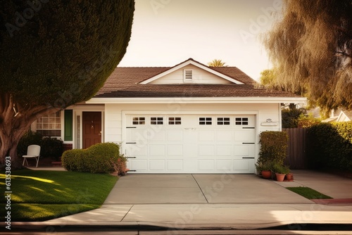 White garage door with a driveway in front. Generative AI photo
