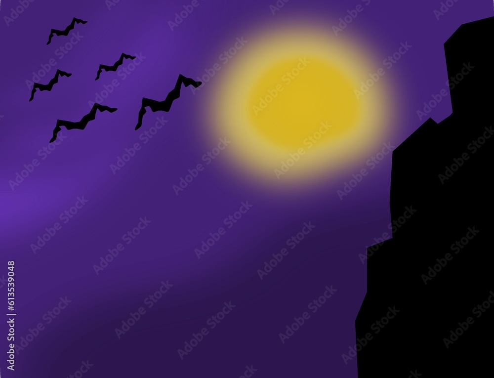 Bats flying in the purple sky with yellow full moon and the cliff. Abstract background. Halloween illustration.