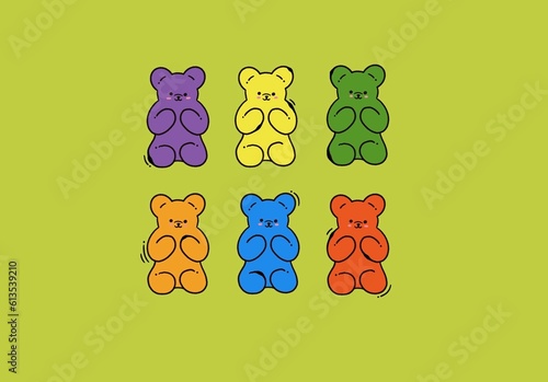 6 multi-colored jelly bears.