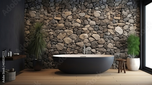 Bathroom interior with rock wall mock up background, 3D render, Bright color. Generative Ai