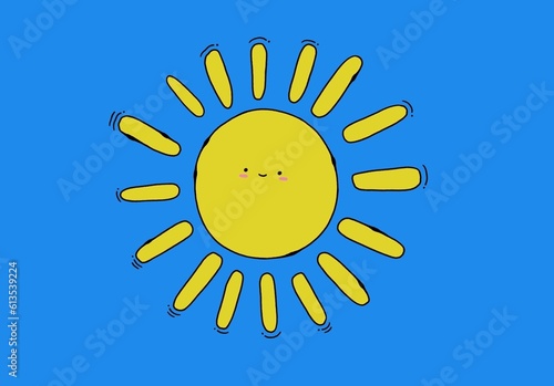 Cute yellow sun on a blue background. Bright color illustration.