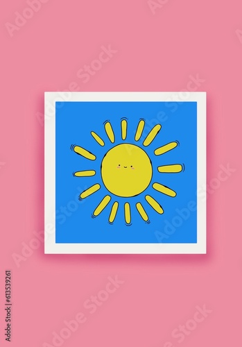 Poster of a cute sun on a blue sky background. Color illustration.