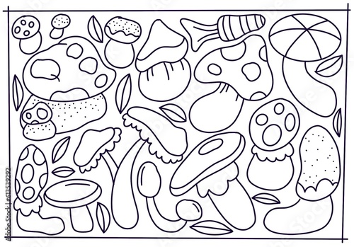 Mushrooms Coloring book for children and adults. Black and white illustration.