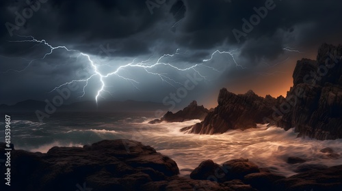 stormy night with crashing waves against large rocks on the coast