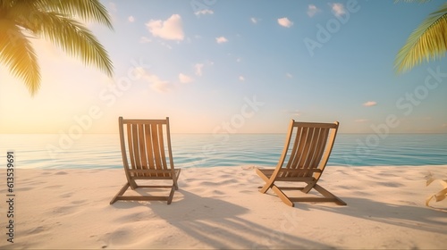 Beautiful beach. Chairs on the sandy beach near the sea. Summer holiday and vacation concept for tourism. Inspirational tropical landscape. Tranquil scenery, relaxing beach, tropical landscape design © SEUNGJIN