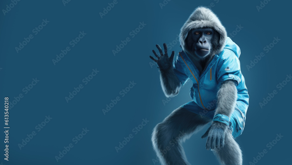 ape on snowboard against blue studio background with snow, Generative AI ape on snowboard against blue studio background with snow, Generative AI