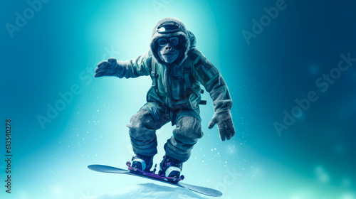 ape snowboarding on blue background  Generative AI