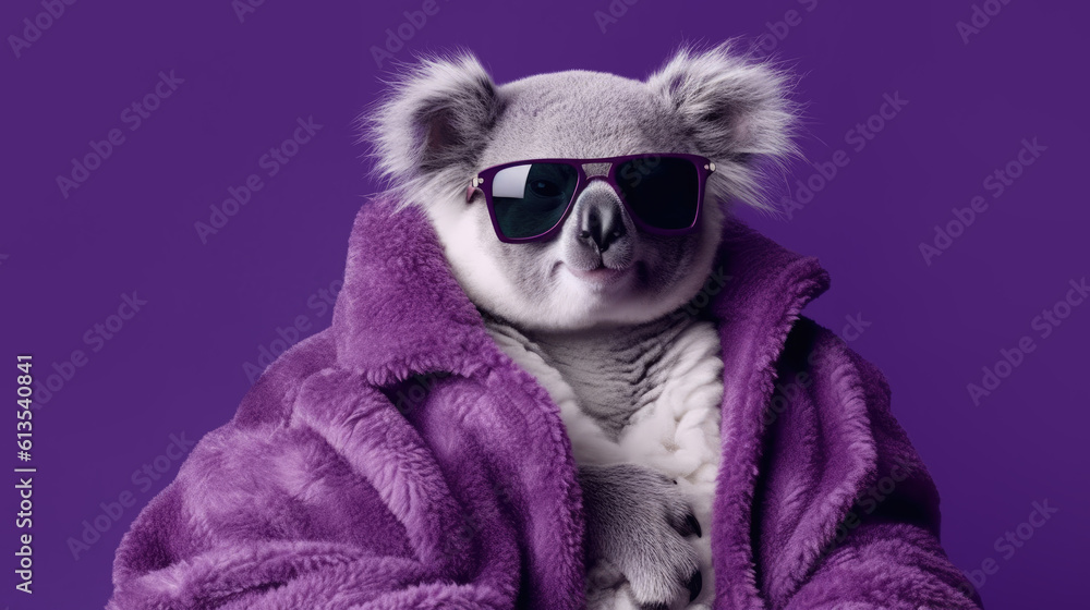 koala in glamour clothes and glasses on purple background, Generative AI koala in glamour clothes and glasses on purple background, Generative AI