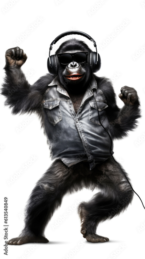 gorilla with headphones dancing on white background, Generative AI