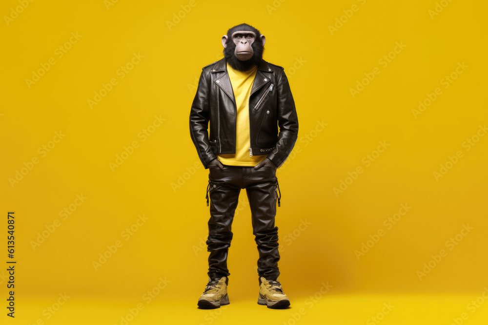 monkey bear in dark leather clothes poses on yellow background, Generative AI monkey bear in dark leather clothes poses on yellow background, Generative AI