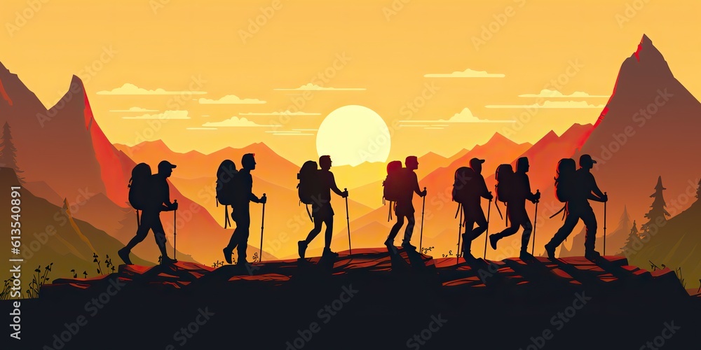 AI Generated. AI Generative. Mountain outdoor nature wild adventure travel journey summer hot season hiking trekking group of people. Graphic Art AI Generated. AI Generative. Mountain outdoor nature wild adventure travel journey summer hot season hiking trekking group of people. Graphic Art
