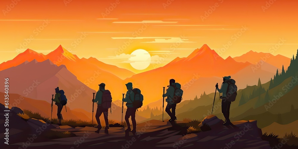 AI Generated. AI Generative. Mountain outdoor nature wild adventure travel journey summer hot season hiking trekking group of people. Graphic Art