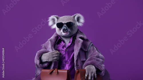 koala in glamour clothes and glasses on purple background, Generative AI
