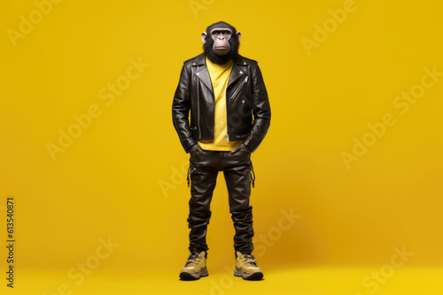monkey bear in dark leather clothes poses on yellow background, Generative AI