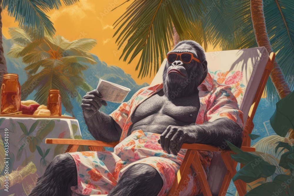 gorilla character sunbathing in tropical summer vacation, Generative AI gorilla character sunbathing in tropical summer vacation, Generative AI