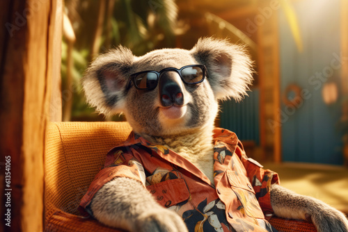 happy koala character sunbathing on a deckchair during a tropical summer vacation, Generative AI