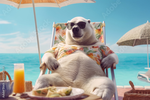 Leinwand Poster polar bear character with fresh cold drink sunbathing on deckchair in tropical s