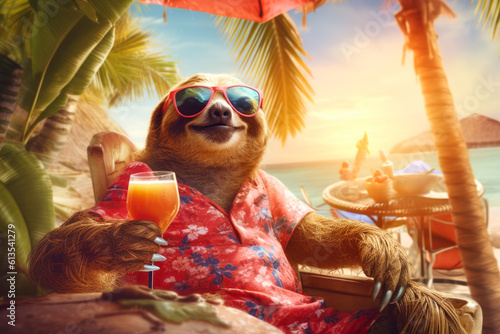 sloth character sunbath on deckchair with cold drink during a tropical summer vacation, Generative AI photo