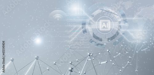Artificial Intelligence system and steel plexus with connected lines and dots on gray background. Abstract digital big data concept.
