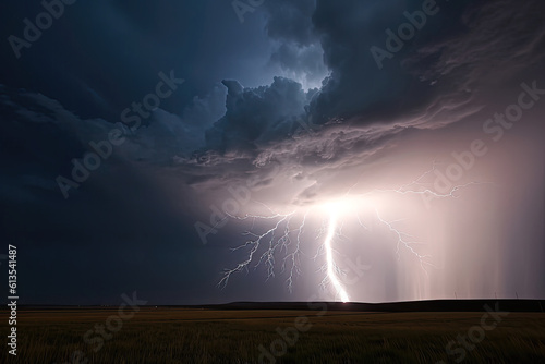 Lightning storm strike over fields landscape.