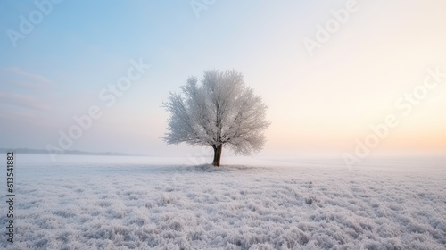 A Solemn Winter Wonderland: Single Tree in a Snowy Frosty Field on a Tranquil Morning, Generative AI