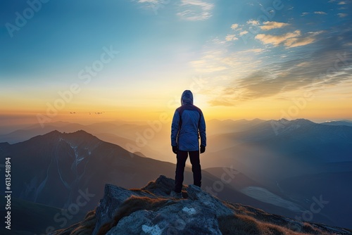 Achieving Success: Hiker Reaches the Peak of the Mountain at Sunset, Generative AI