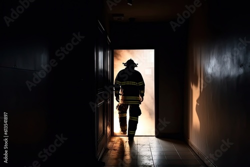Alone in Danger  A Fireman Faces the Fire in a Dark Room  Searching for Rescue and Escape. Generative AI