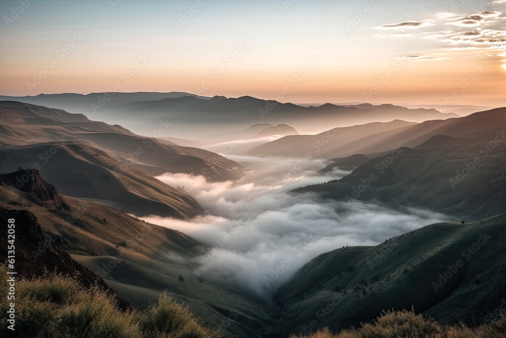 Misty valley landscape.