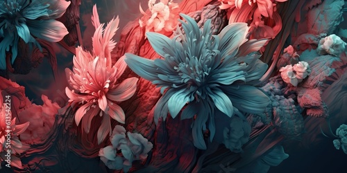 AI Generated. AI Generative. Pastel oil realistic illustration of flowers red blue colors. Vintage retro botanical floral plant stye. Graphic Art