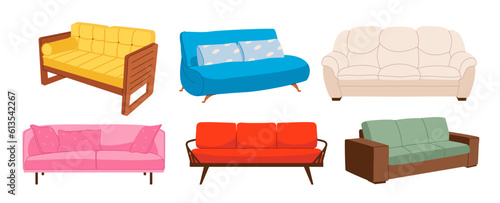 A set of sofas for the interior of the house and the office. Modern soft furniture collection. Flat vector illustration.