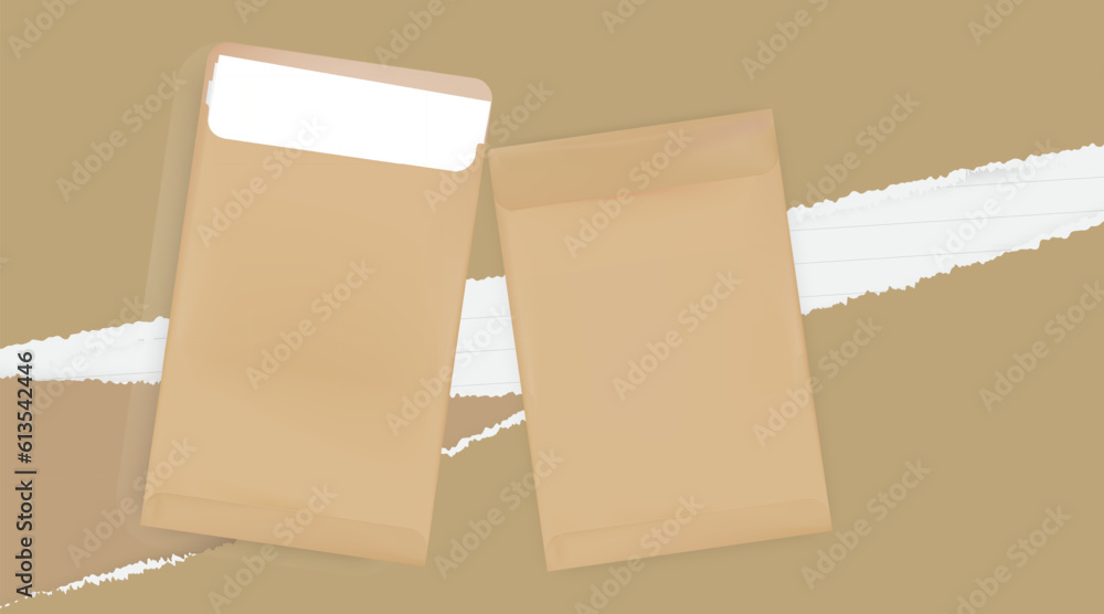 Fototapeta premium Brown document envelope and brown paper letter vector set front, back and inside document and brown paper background.