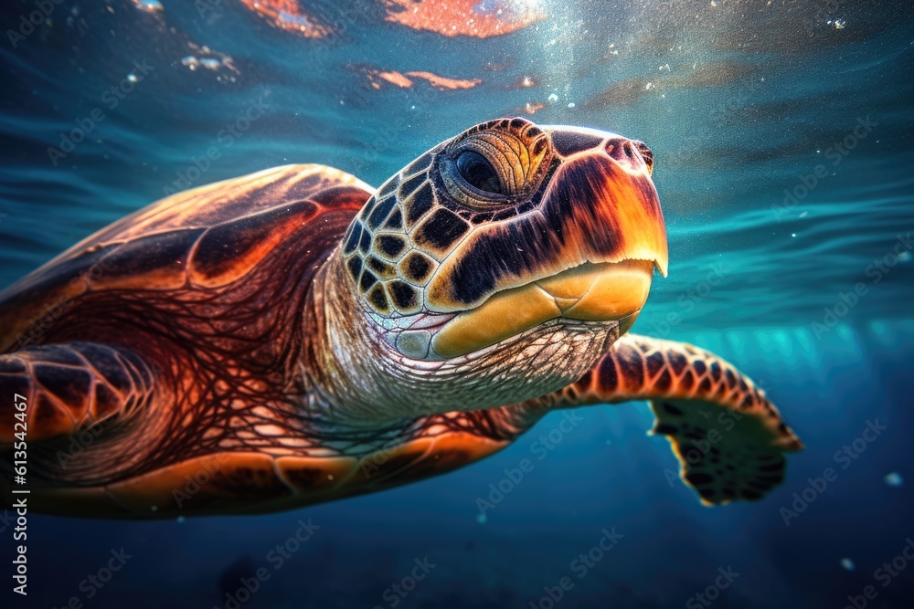 Fototapeta premium a green sea turtle gracefully swimming in clear blue ocean waters