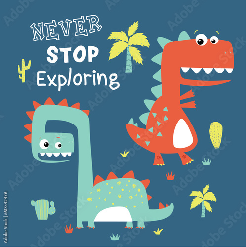 print design with cute dinosaur cartoon drawing as vector