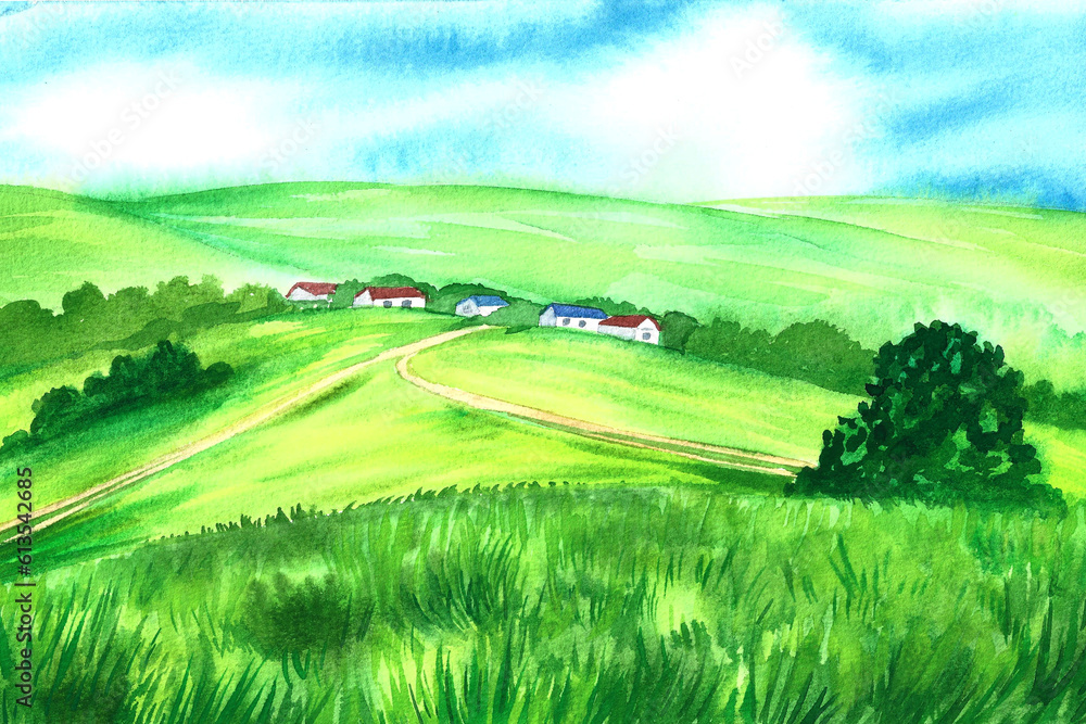 Rural summer landscape. Watercolor hand drawn illustration, rural view - fields and meadows, old village. For flyer banner advertising backgrounds. farm food package. For painting on the wall, poster.