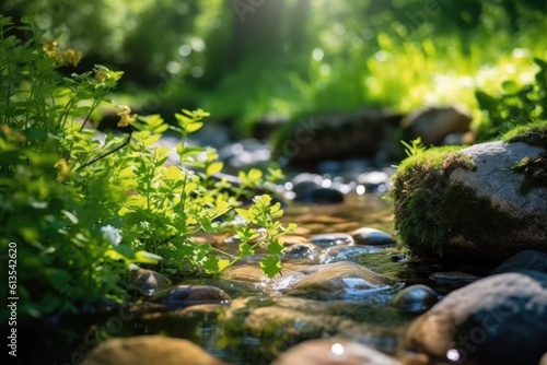 Foto Illustration of a serene stream flowing through a vibrant green forest, Generati