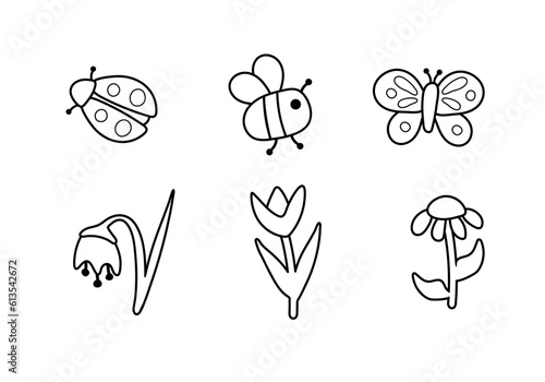 Bundle of bugs and flowers vector cut files isolated on white background. Stencil childish butterfly, ladybug, bumble bee, daisy, tulip and bell flowers line illustration