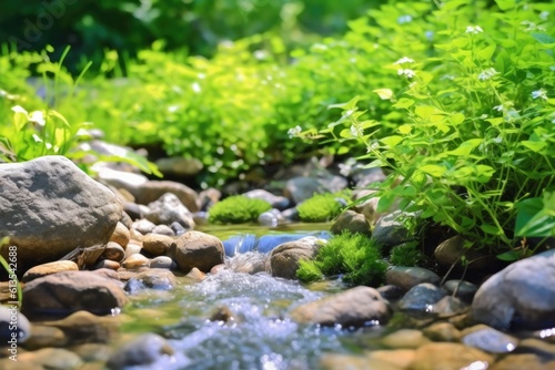a serene forest stream flowing through a verdant landscape
