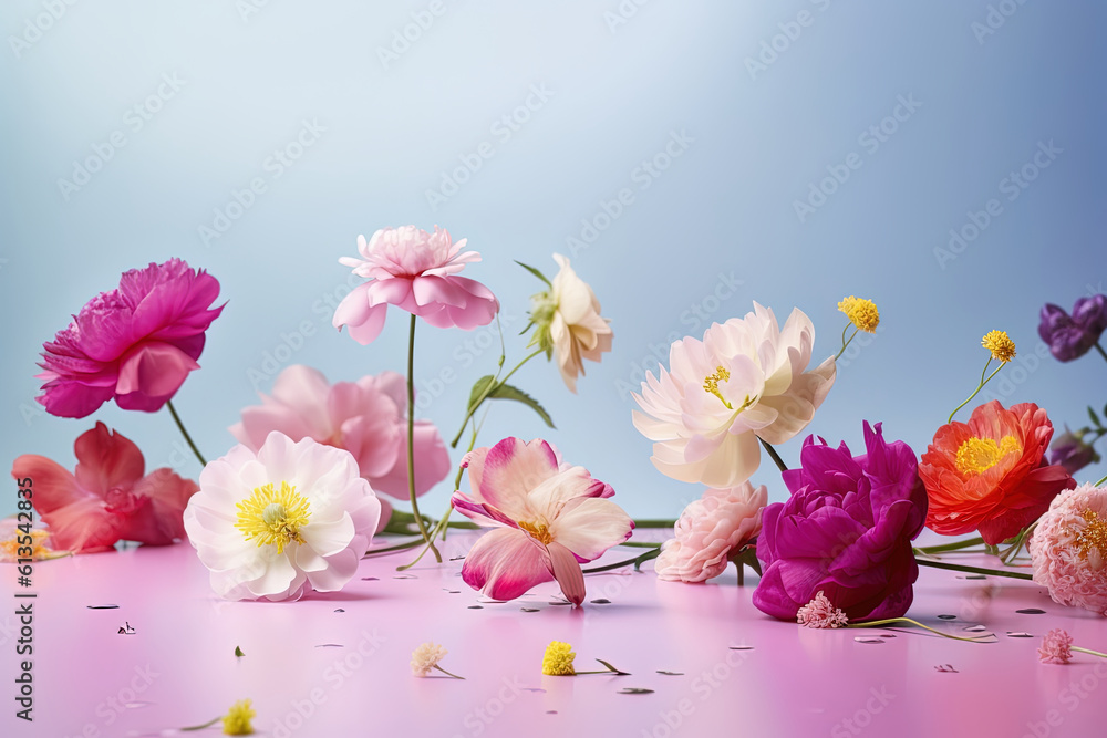 Close up with fresh flowers on blue gradient background for special events