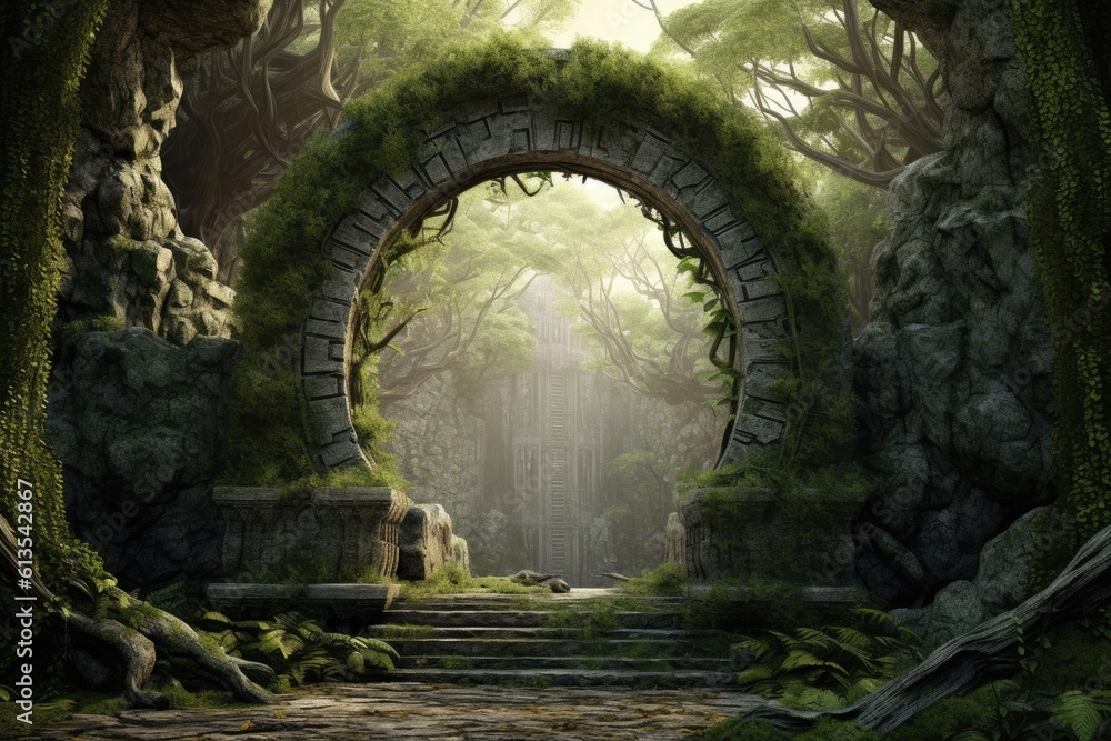 Fototapeta premium Illustration of a winding tunnel surrounded by trees and foliage in a mystical forest setting, Generative AI