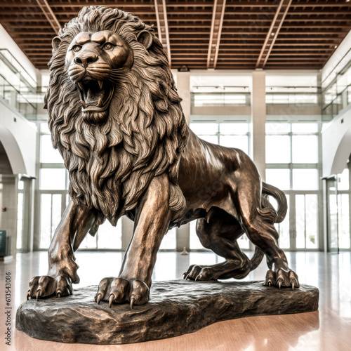 A bronze lion statue stands in all its glory.