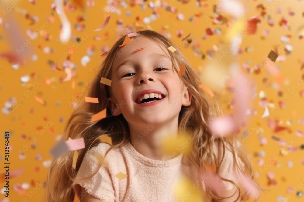 Laughter birthday girl joyfully embraces the playful cascade of falling confetti Laughter birthday girl joyfully embraces the playful cascade of falling confetti